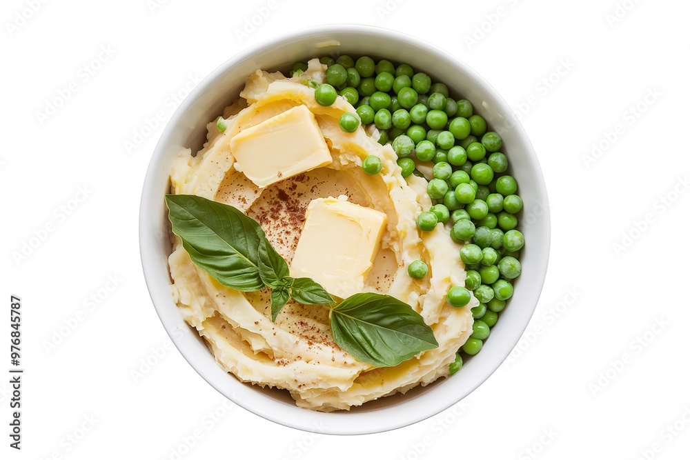 A bowl of mashed potatoes with butter cream, boiled peas, and basil A bowl of mashed potatoes with butter cream, boiled peas, and basil