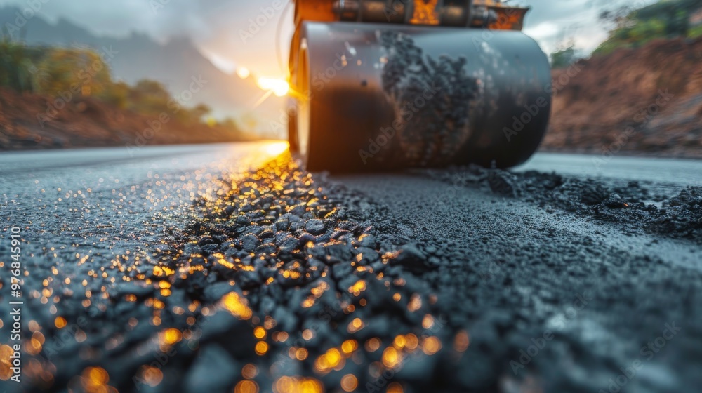 Roller machine compacting asphalt on a road under construction Roller machine compacting asphalt on a road under construction