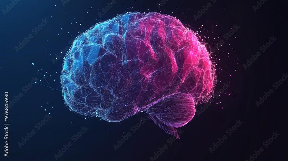 Abstract low-poly digital human brain. Represents neural networks and IQ testing, with artificial intelligence and virtual emulation in science and technology. Conceptualizes brainstorming and idea.