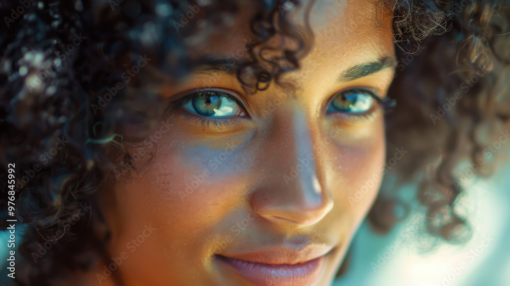 A close-up of a woman with curly hair and natural makeup, capturing a moment of confidence and beauty A close-up of a woman with curly hair and natural makeup, capturing a moment of confidence and beauty