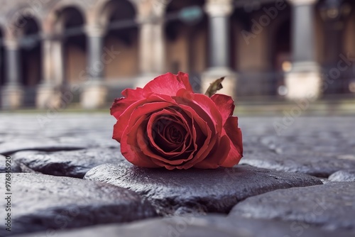 A close-up photo of a red rose on a street. The rose is in full bloom