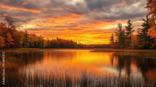 Vibrant Autumn Landscape: Majestic Sunset Reflects on Serene Lake