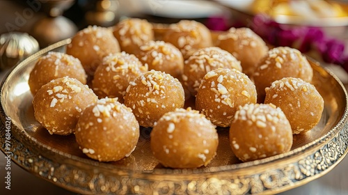 Close-up of laddoos on a gold platter with plenty of space for festival promotions or messages.