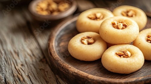 Close-up of peda on a wooden background, with plenty of space for text, perfect for Diwali or festive promotions