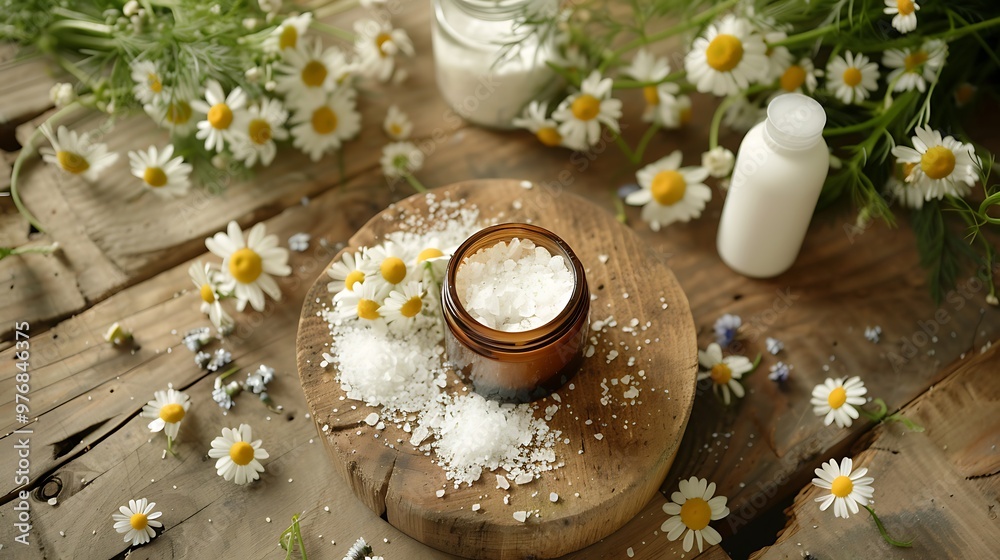 On a rustic table natural crystal alum deodorant and chamomile flowers