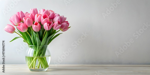 Pink tulips in a clear glass vase on a white table, spring, flowers, floral, pink, tulips, blossoms, vase