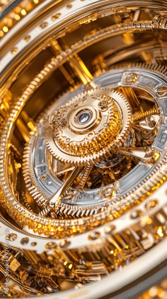 Close-up view of an intricate golden watch mechanism showcasing fine gears and craftsmanship in luxury design. Close-up view of an intricate golden watch mechanism showcasing fine gears and craftsmanship in luxury design.