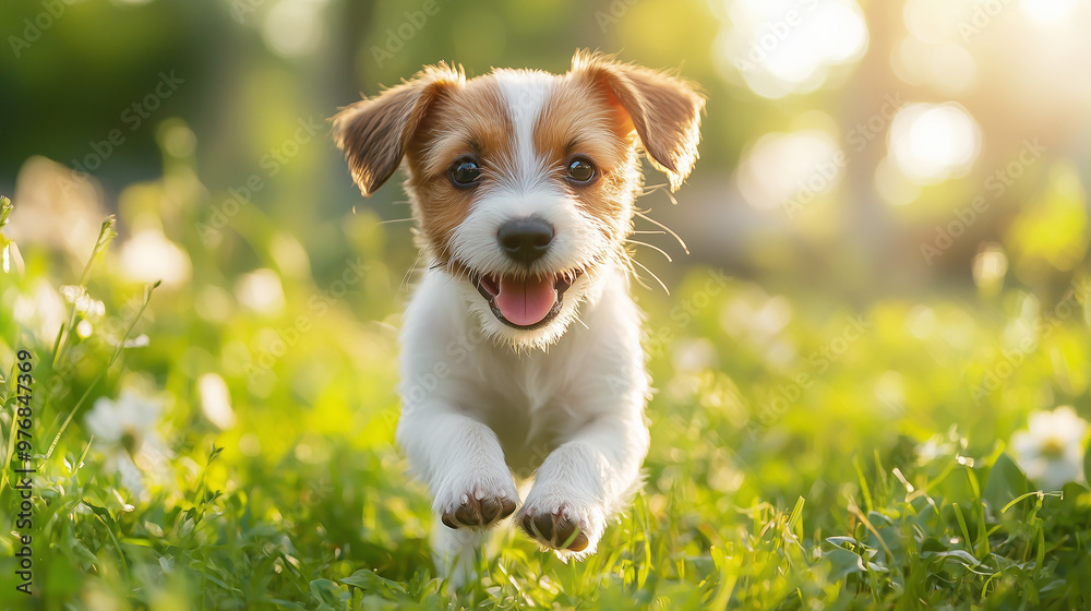 A joyful Jack Russell puppy walking happily through a lush green field A joyful Jack Russell puppy walking happily through a lush green field