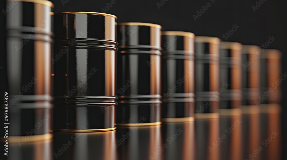 Crude oil barrels arranged in a row with a reflective background, leaving space for promotional text. Crude oil barrels arranged in a row with a reflective background, leaving space for promotional text.