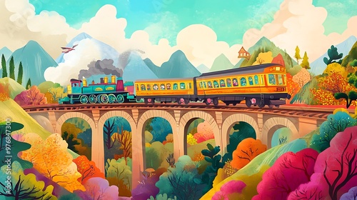 Cartoon Train Crossing Scenic Bridge with Colorful Fall Foliage