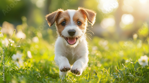 A joyful Jack Russell puppy walking happily through a lush green field