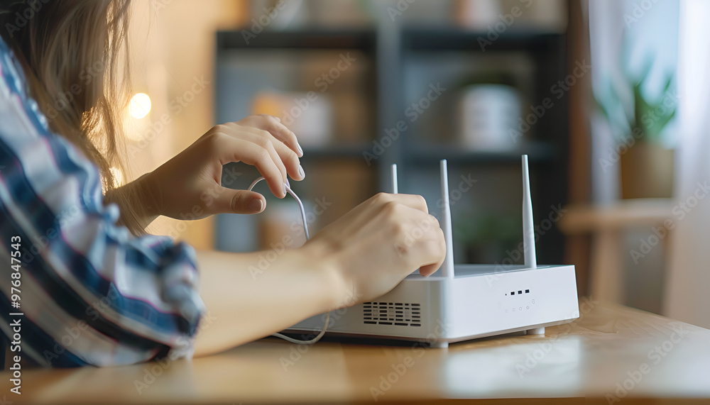 Fototapeta premium Woman connecting cable to Wi-Fi router at table indoors, closeup
