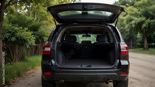 Clean and Empty - Rear View of Black SUV with Open Trunk, Compact SUV Features,Automotive Reviews, Car Features Demonstrations, SUV Advertisement, Travel and Lifestyle Magazines 