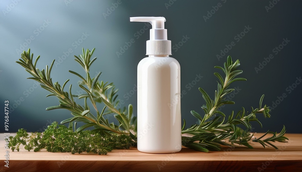 A white lotion bottle surrounded by sprigs of fresh rosemary and green herbs, emphasizing natural skincare with herbal ingredients. A white lotion bottle surrounded by sprigs of fresh rosemary and green herbs, emphasizing natural skincare with herbal ingredients.