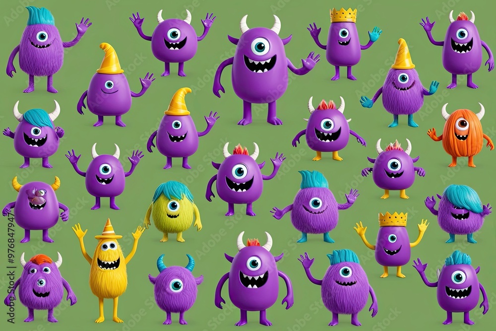 Obraz premium Vibrant 3D Animated Purple Monsters Waving in a Friendly Collection