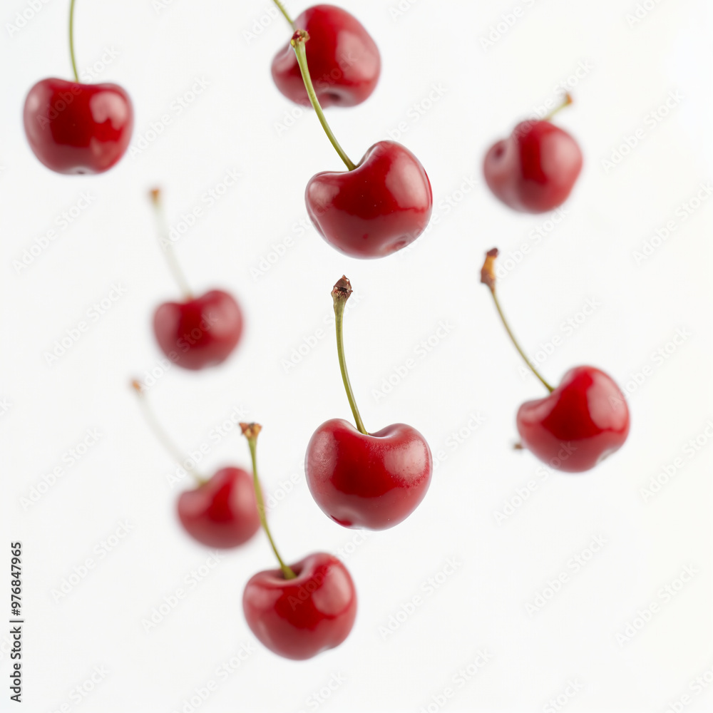 Fresh red cherries in mid-air on a white background Fresh red cherries in mid-air on a white background