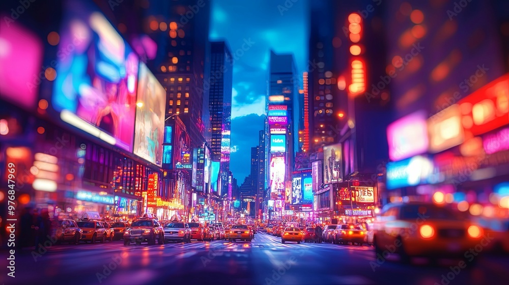 A Nighttime View of a Busy City Street with Neon Signs and Cars A Nighttime View of a Busy City Street with Neon Signs and Cars