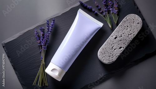 A lavender-colored skincare tube placed on a dark slate, accompanied by a pumice stone and sprigs of dried lavender flowers. photo