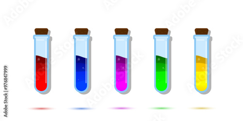 Set of glass bottles. Different color potion flat style on white background. Vector illustration. Design elements for game collection.