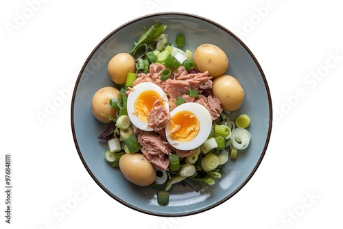 a white plate with a salad containing soft-boiled egg, tuna, green onions, and boiled potatoes.