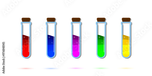 Set of glass bottles. Different color potion flat style on white background. Vector illustration. Design elements for game collection.