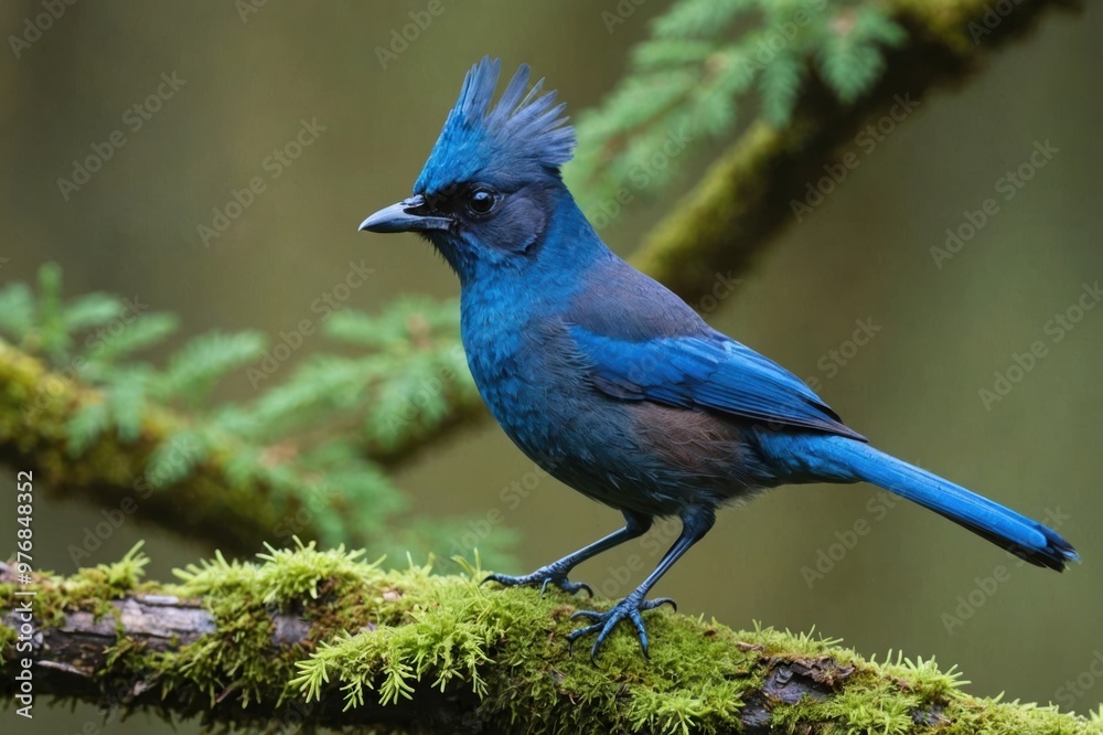 Close macro view of Steller's Jay (Cyanocitta stelleri) on mossy perch, blurred background