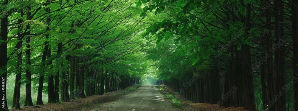 Obraz premium A road lined with large trees on both sides.