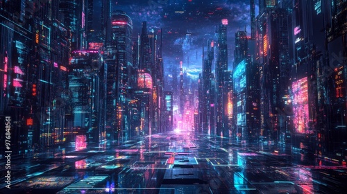 Abstract art style, futuristic city, night background, neon effect