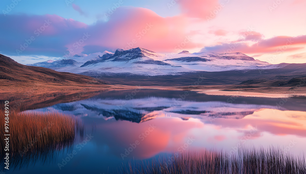 Fototapeta premium Nature Bliss: A serene mountain landscape with a lake reflecting the snowy peaks at sunrise