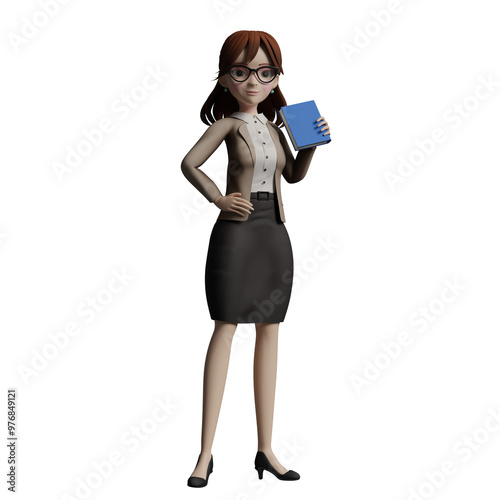 3D Female School Teacher. A female teacher standing with a blue book in her hand while her other hand is on her waist. Professional Illustration
