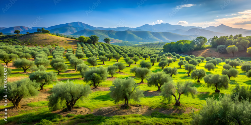 Obraz premium Scenic view of a lush olive grove in the Mediterranean countryside, olive trees, agriculture, landscape, Mediterranean, farm