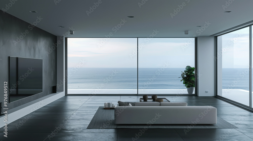 A spacious minimalist living room features a white sofa and a coffee table, offering a stunning view of the ocean as dusk settles in. A spacious minimalist living room features a white sofa and a coffee table, offering a stunning view of the ocean as dusk settles in.