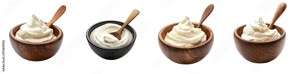 set of A Daikyu sour cream in a wooden bowl with a spoon, isolated on a transparent background