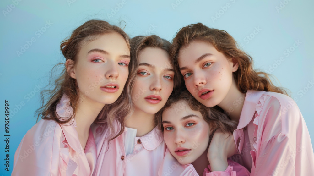 Four young women pose closely together with soft pink outfits and light blue background in a bright studio setting Four young women pose closely together with soft pink outfits and light blue background in a bright studio setting