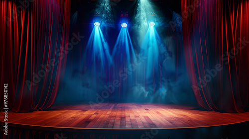 Theatre or stand up comedy stage with spotlights, podium and red curtain.