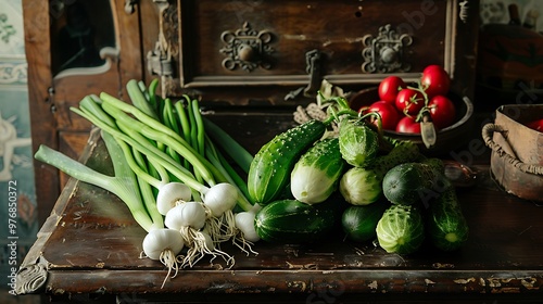 A scallions and cucumber cluster on an ancient town desk photo