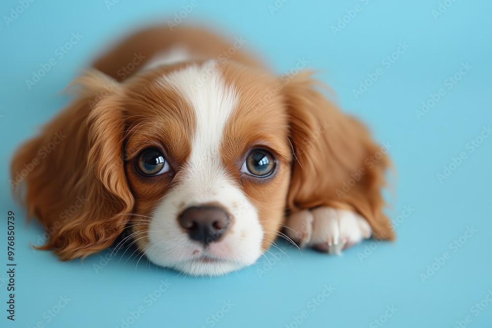 Adorable Cavalier King Charles Spaniel puppy with big brown eyes lying on a blue background.