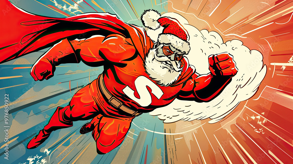 Superhero Santa Flying with Cape Flowing and Bold Action Lines in Comic-Style Panel