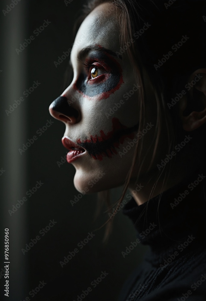 Woman with spooky painted face and hollow eyes, Halloween Woman with spooky painted face and hollow eyes, Halloween