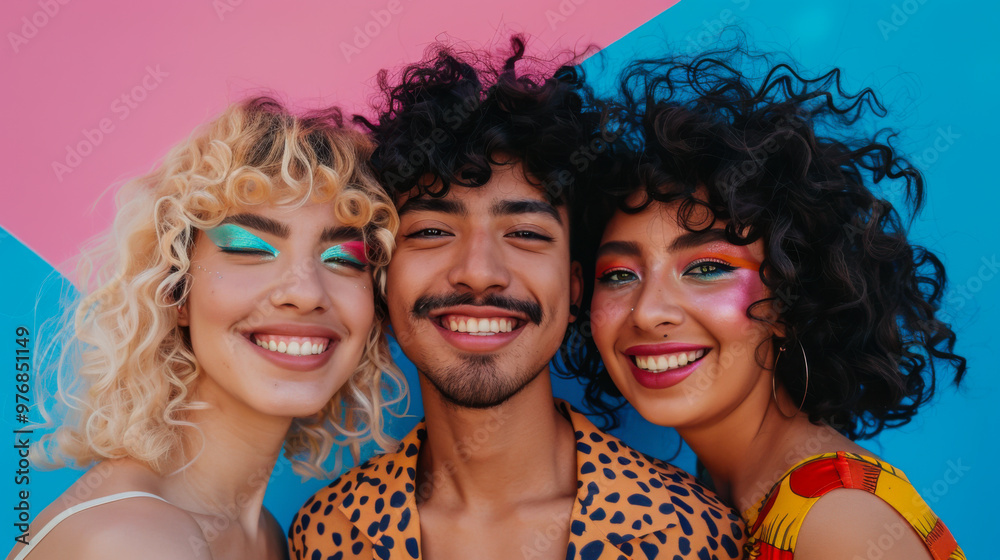 Fototapeta premium Three friends smiling together in front of a colorful backdrop during a fun summer photoshoot