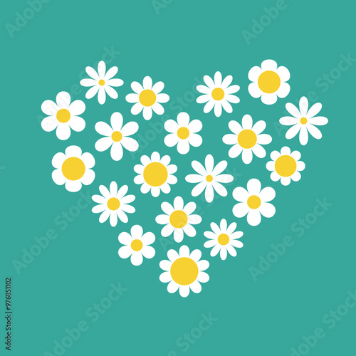 White daisy chamomile heart. Camomile icon set. Valentines Day. Cute hand drawn abstract flower plant collection. Growing concept. Love card sign symbol. Flat design. Isolated. Green background Vector