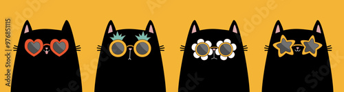 Black cat set wearing sunglass eyeglasses. Star, heart, daisy flower, pineapple shape sunglasses lenses. Kitten in eyeglass. Cute cartoon kawaii funny character. Yellow background. Flat design. Vector