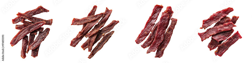 Fototapeta premium A collection of delicious jerky strips, perfect for snacks or meals, showcasing rich color and texture for culinary inspiration. transparent background