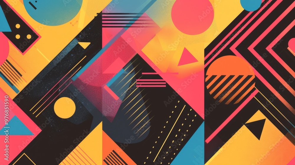 Design an abstract geometric background with vibrant, eye-catching colors, featuring various shapes like triangles, circles, and lines arranged in a dynamic, harmonious pattern. Design an abstract geometric background with vibrant, eye-catching colors, featuring various shapes like triangles, circles, and lines arranged in a dynamic, harmonious pattern.