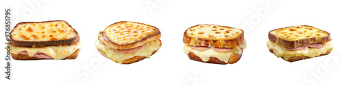 A variety of delicious grilled cheese sandwiches on a white background, showcasing different textures and toppings. transparent background