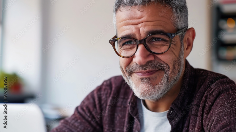Smiling middle-aged man with glasses working on a laptop in a cozy workspace during the day Smiling middle-aged man with glasses working on a laptop in a cozy workspace during the day