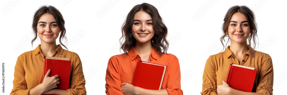 set of A beautiful woman with a red book, a happy smiling face looking at the camera, on a transparent background set of A beautiful woman with a red book, a happy smiling face looking at the camera, on a transparent background