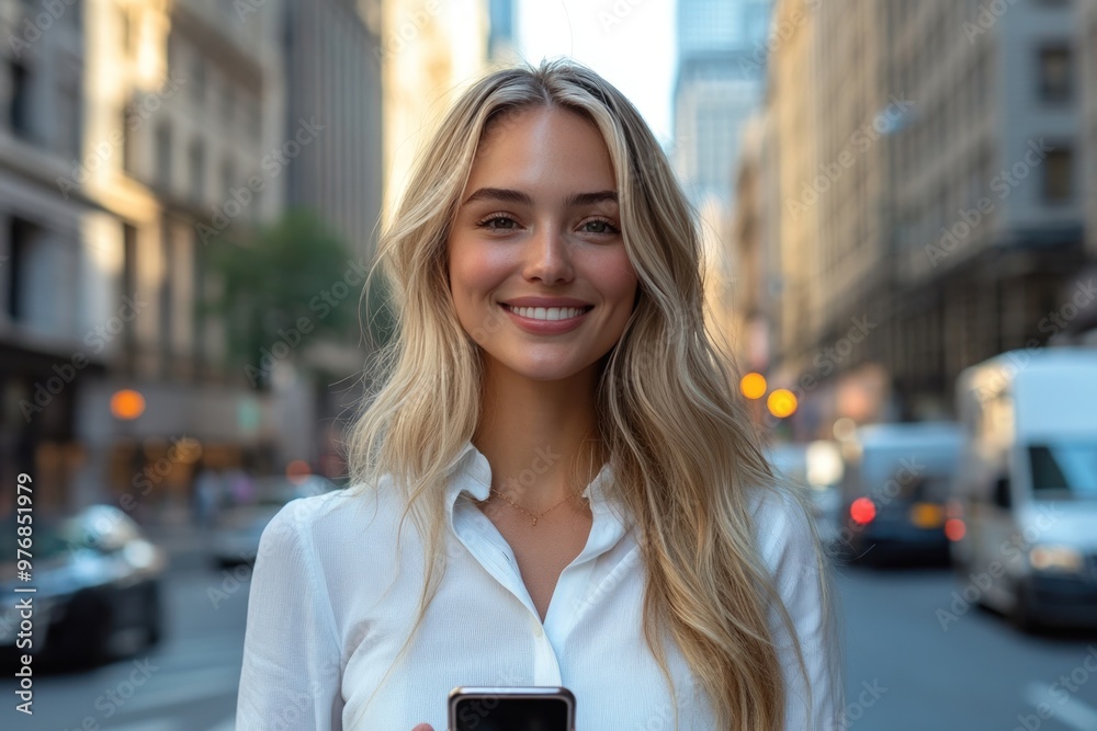 A young woman with long blonde hair smiles while holding a phone in a busy city street. A young woman with long blonde hair smiles while holding a phone in a busy city street.