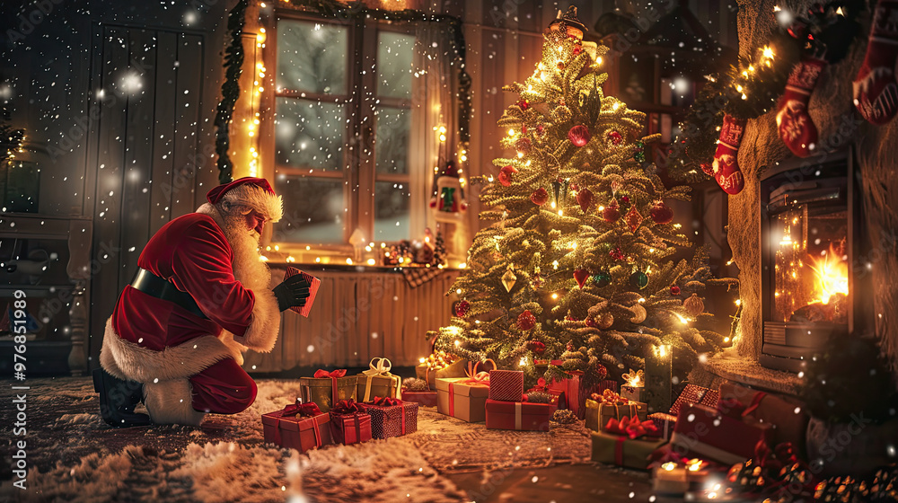 Santa Carefully Placing Presents Beneath Tree as Snow Falls Outside on Christmas Eve