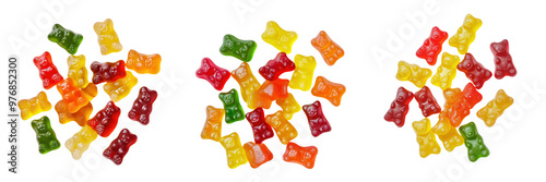 Colorful gummy bears scattered on a white background, perfect for candy lovers and sweet treats. transparent background photo